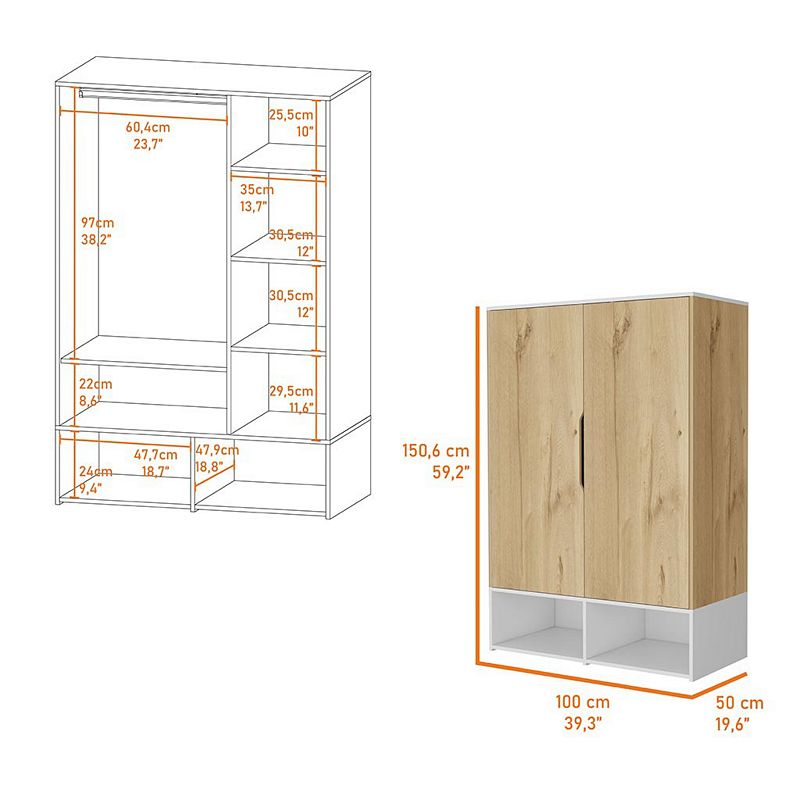 Rose Double Door Armoire， Hanging Rod， Seven Shelves