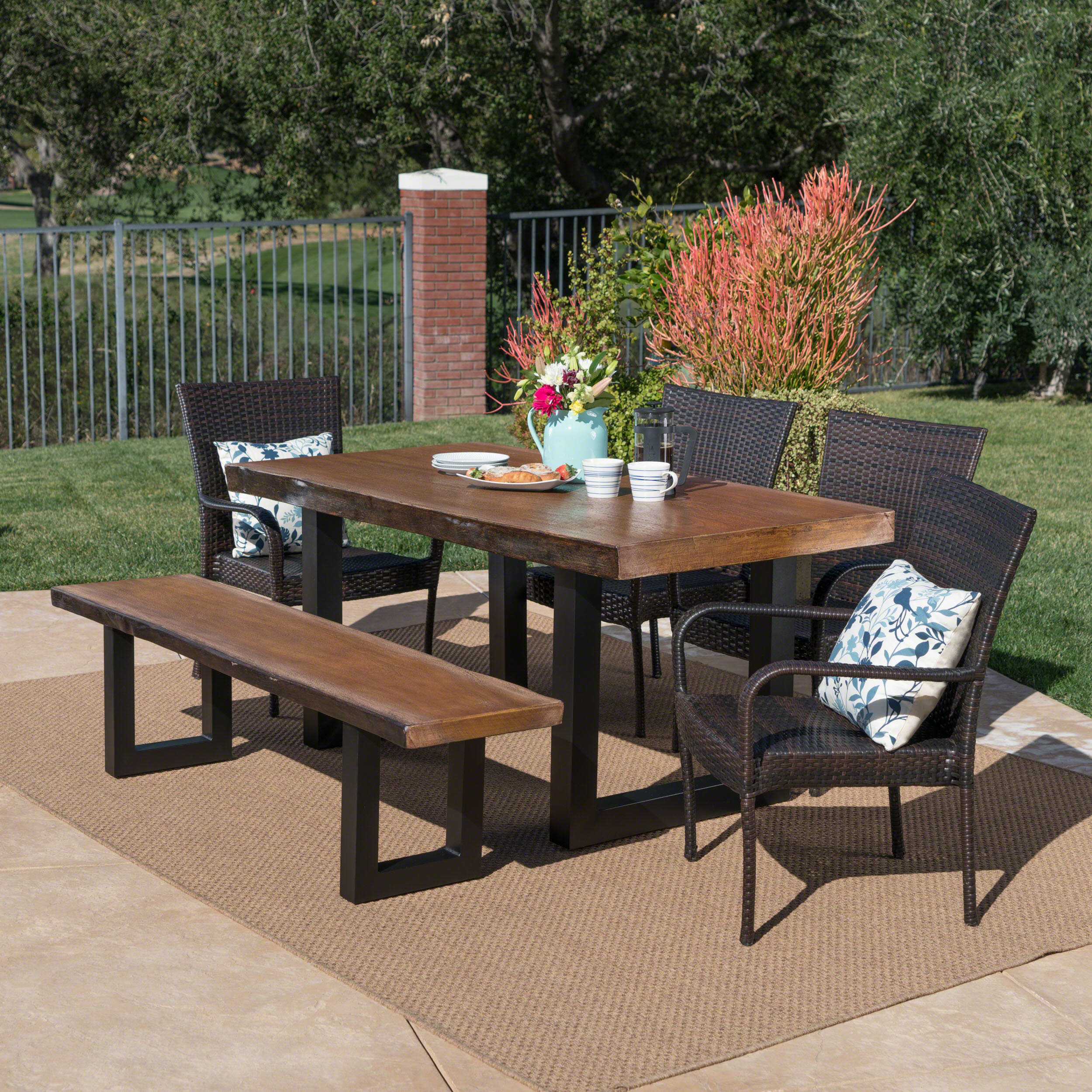 Danae Outdoor 6 Piece Wicker Dining Set with Concrete Table and Bench