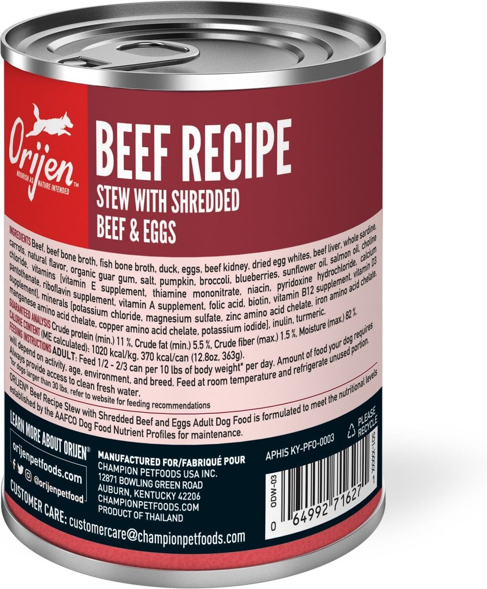 ORIJEN Real Meat Shreds Beef Recipe Stew Grain-Free Wet Dog Food， 12.8-oz can， case of 12