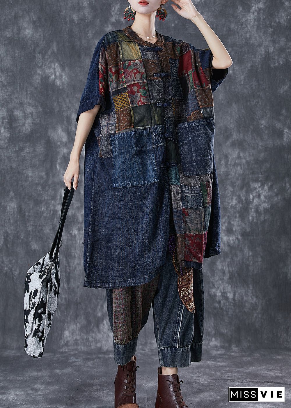 Art Navy Oversized Patchwork Chinese Button Denim Cardigans Summer