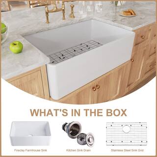 HOROW White Fireclay 30 in. x 20 in. Single Bowl Farmhouse Apron Front Kitchen Sink with Bottom Grid and Strainer HR-F3020