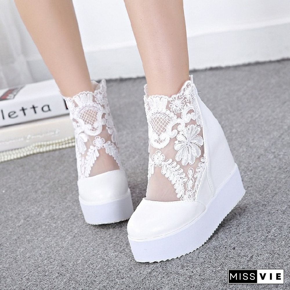 Fashion Women Lace Shoes Wedge Heels Platform Pumps Sandals High Heel Shoes Women's Platform, Lace 3 Colors