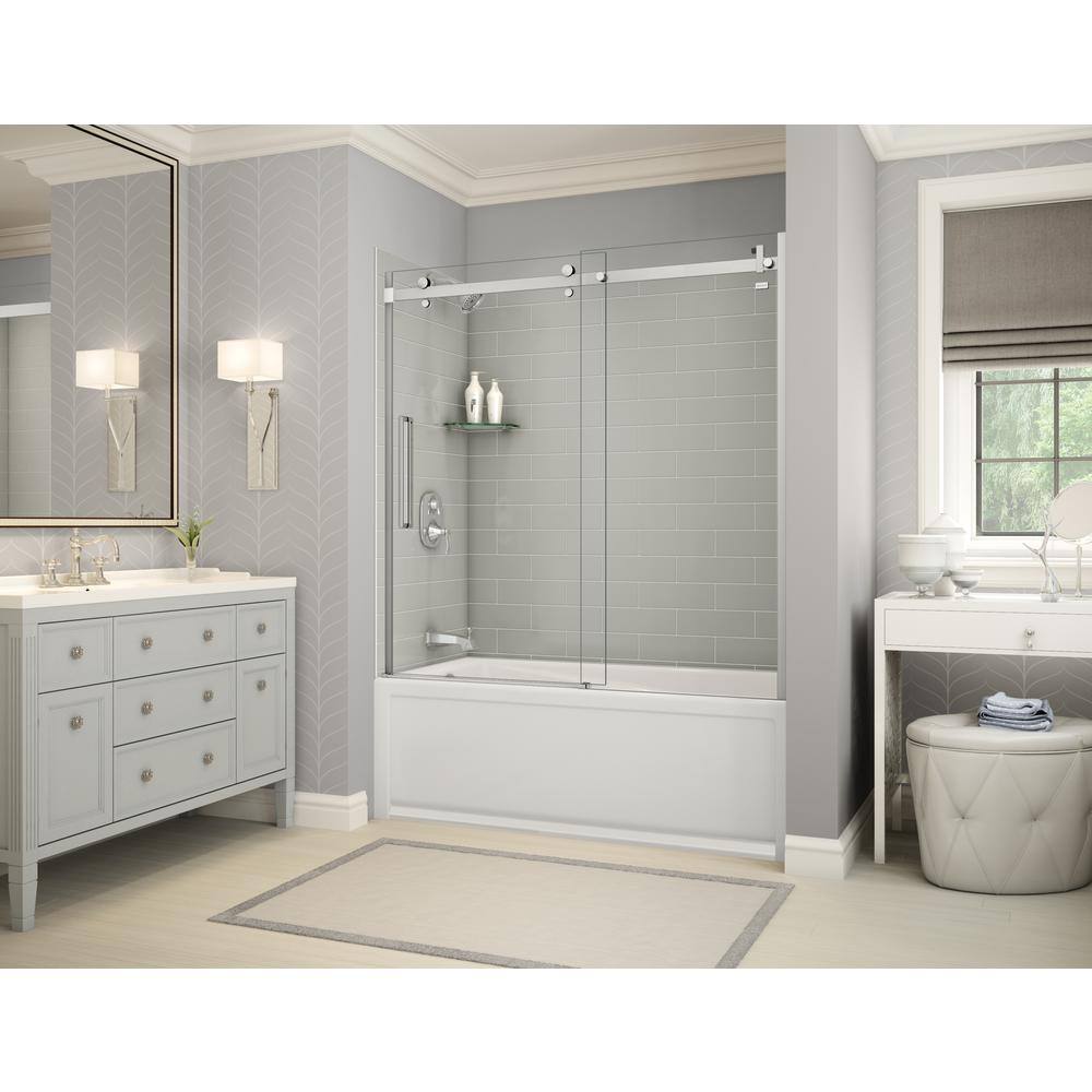 MAAX Utile Metro 32 in. x 60 in. x 81 in. Bath and Shower Combo in Soft Grey with New Town Left Drain Halo Door Chrome 106917-301-500-101