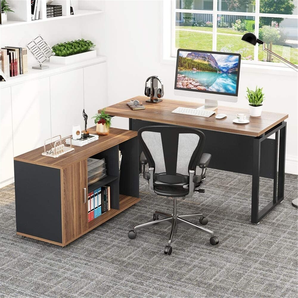 55 Inch L Shaped Computer Desk with File Cabinet Storage