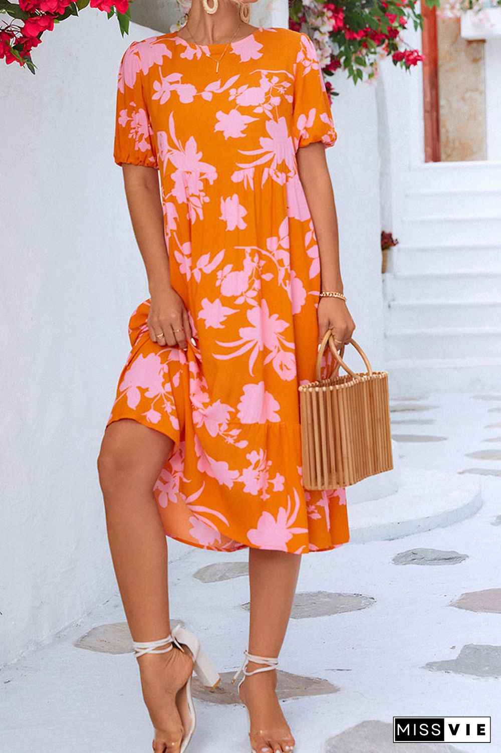 Round Neck Pleated Floral Midi Dress