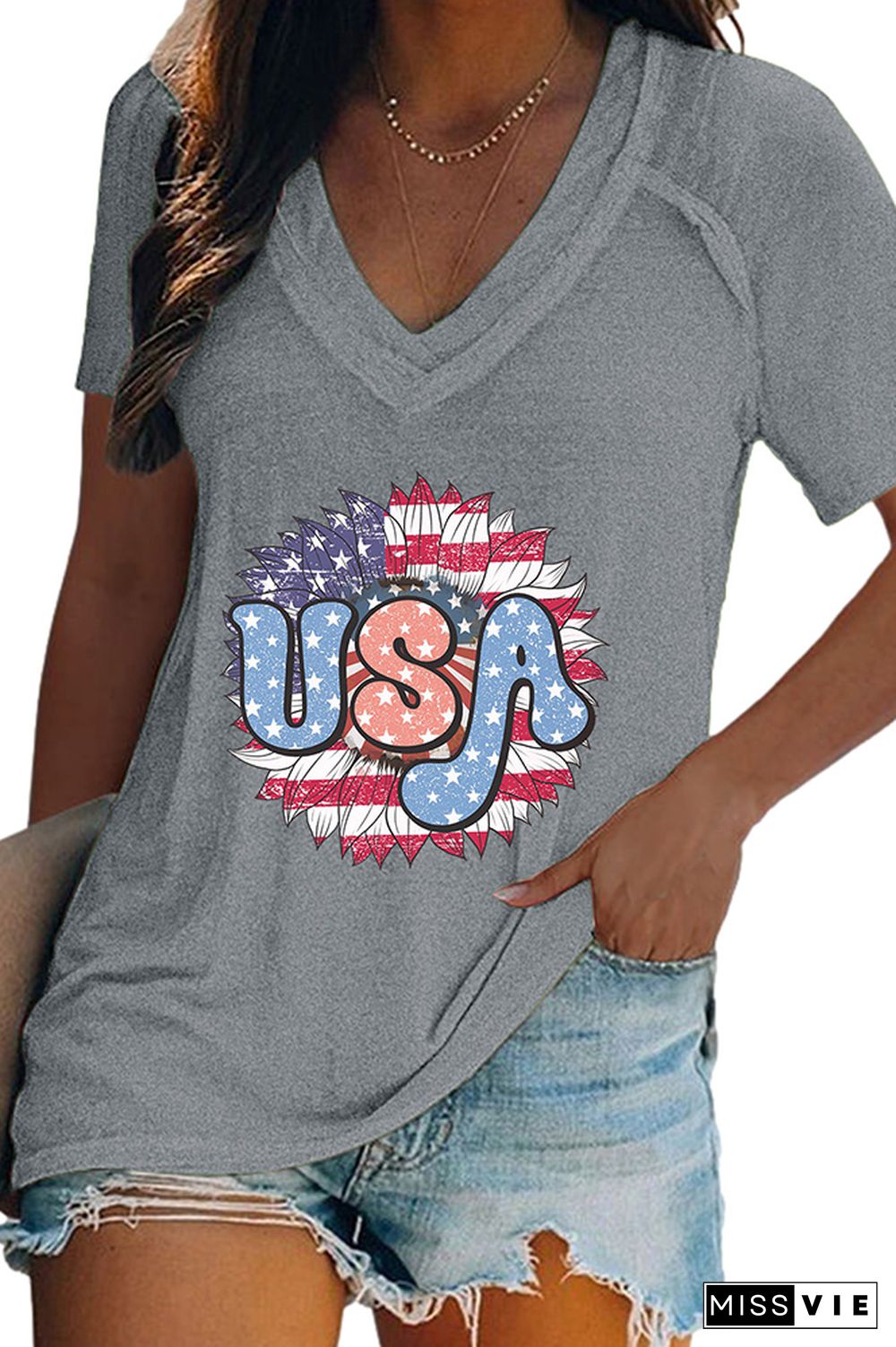 Independence Day US Flag Print V Neck Graphic Tee