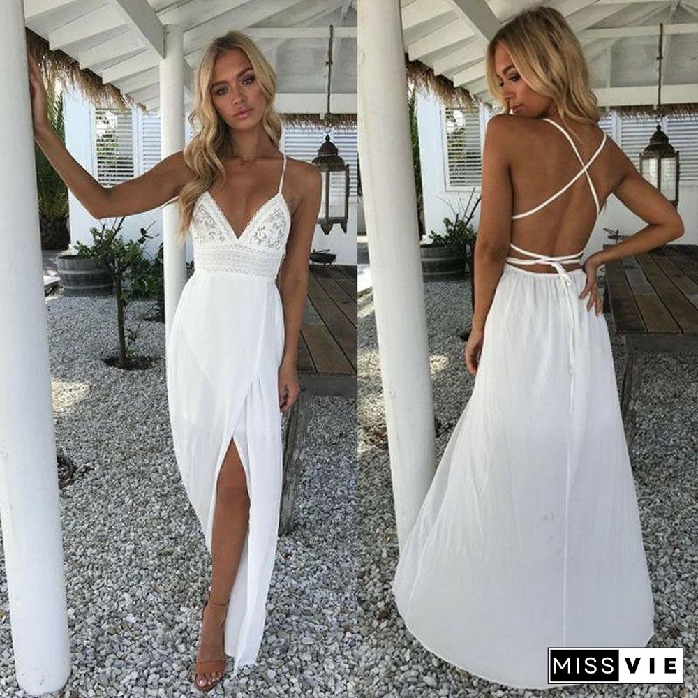 Women Summer Boho Party Beach Sleeveless White Color Backless Dresses Ladies High Waist Long Maxi Dress Sundress