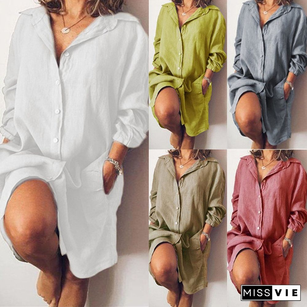 Plus Size Dress Turn-down Collar Long Sleeves Buttons Loose Shirt Dress Casual Blouse Dress Autumn Women Dress