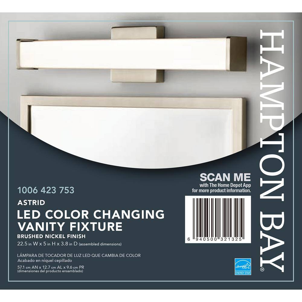 Hampton Bay Astrid 24 in. Brushed Nickel 5-CCT LED Bathroom Vanity Light Bar with Frosted Glass KPU1301LX-04BN