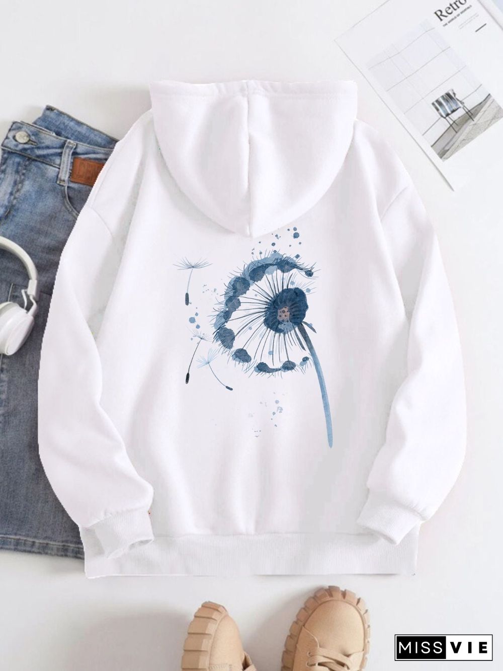 Printed on the Back Kangaroo Pocket Hoodie Long Sleeve for Women Pattern Dandelion