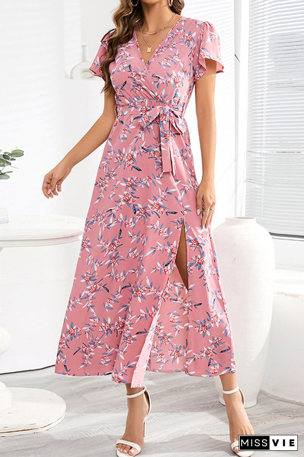 Flower Print Waist Tie Surplice Split Dress