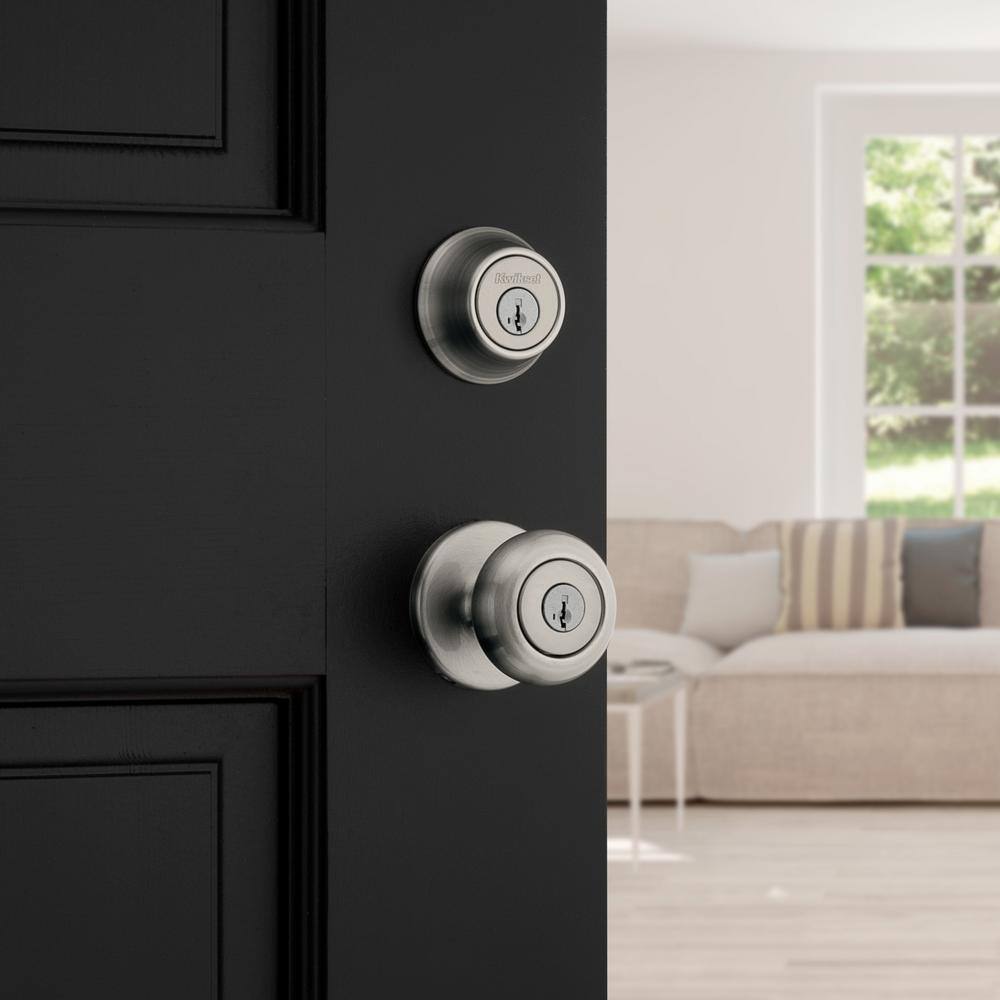 Kwikset Cove Satin Nickel Keyed Entry Door Knob and Single Cylinder Deadbolt Combo Pack featuring SmartKey and Microban T690CV15SMTCPK6