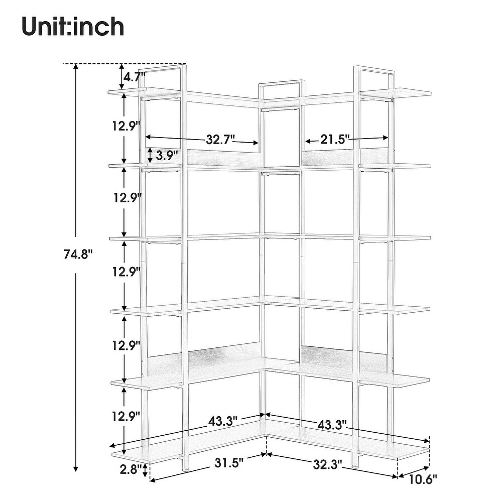 74.8 Inch Bookshelf L shape Stainless Steel Frame Corner 6 tier Shelves Adjustable Foot Pads