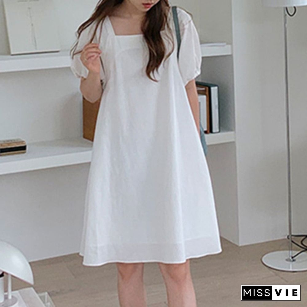 Oversized Women Retro Loose Party Solid Cotton Short Sleeve Sundress Elastic Cuff Mini Shirt Dress