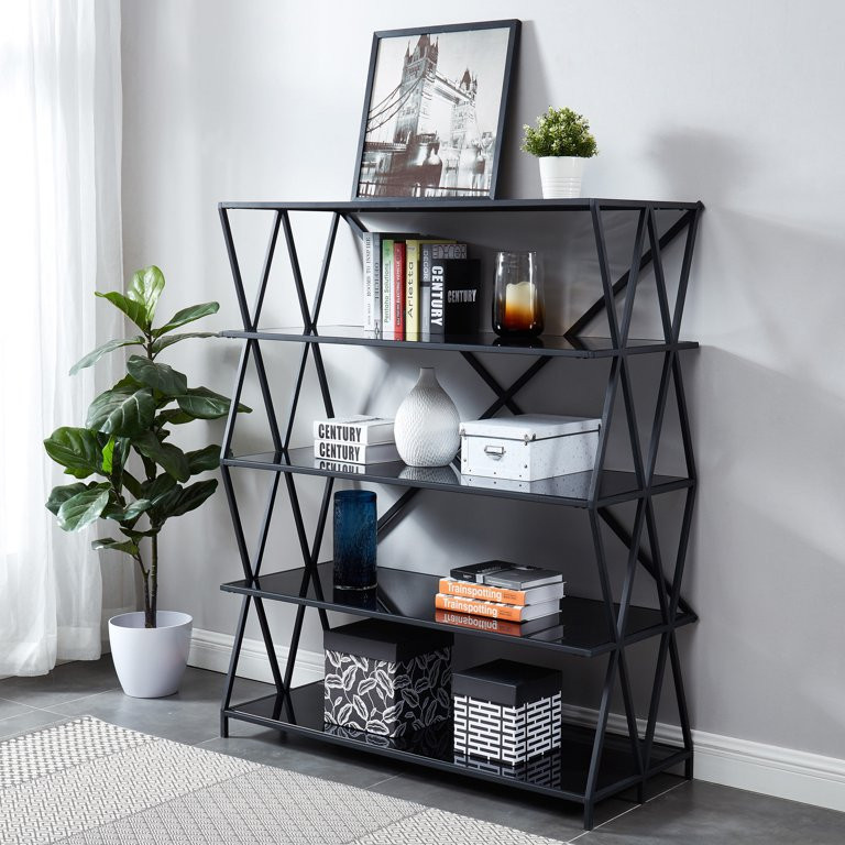 Modern Bookcase  Geometric Accented Open Frame  ampGlass Shelves   Industrial   Bookcases   by Decorn  Houzz