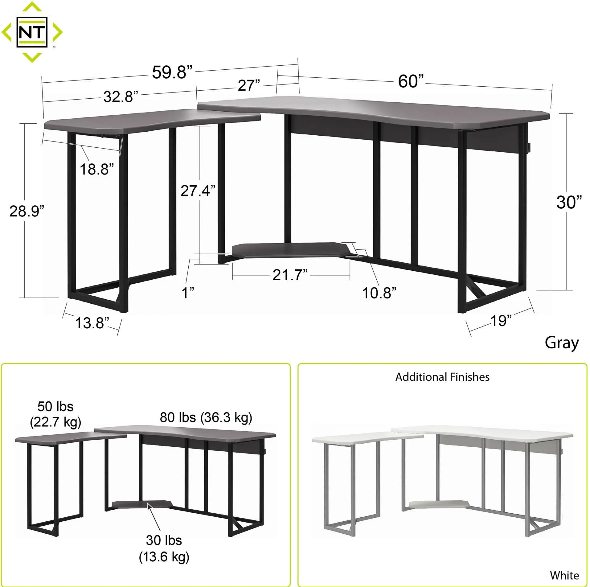 Quest White Gaming L-Desk with CPU Stand