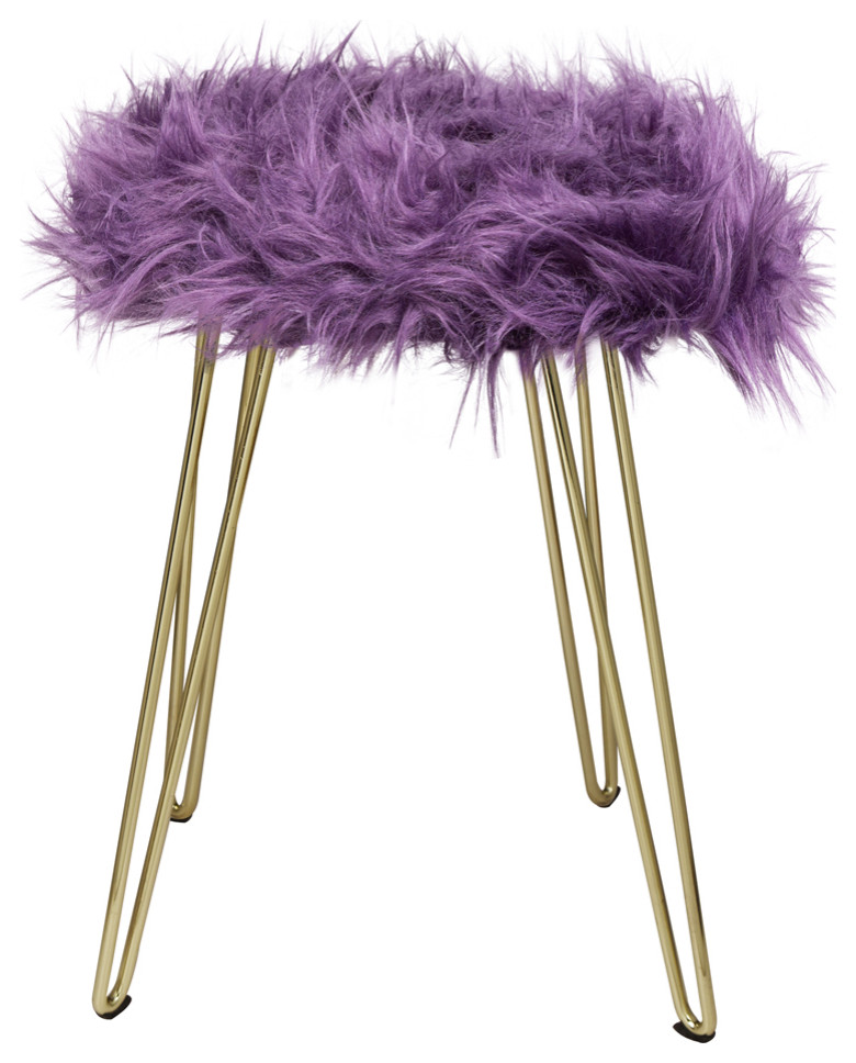 Fauxfur Purple Vanity Foot Stool With Golden Metal Legs  Set of 1   Midcentury   Vanity Stools And Benches   by specialty imports  Houzz