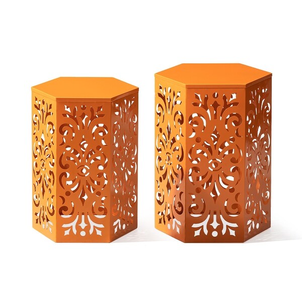 Glitzhome Set of 2 Iron Floral Pattern Outdoor Table Garden Stool