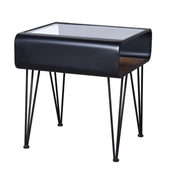 Aaron - Table - Graphite Metal， Clear Glass Top， Rattan Lower Shelf