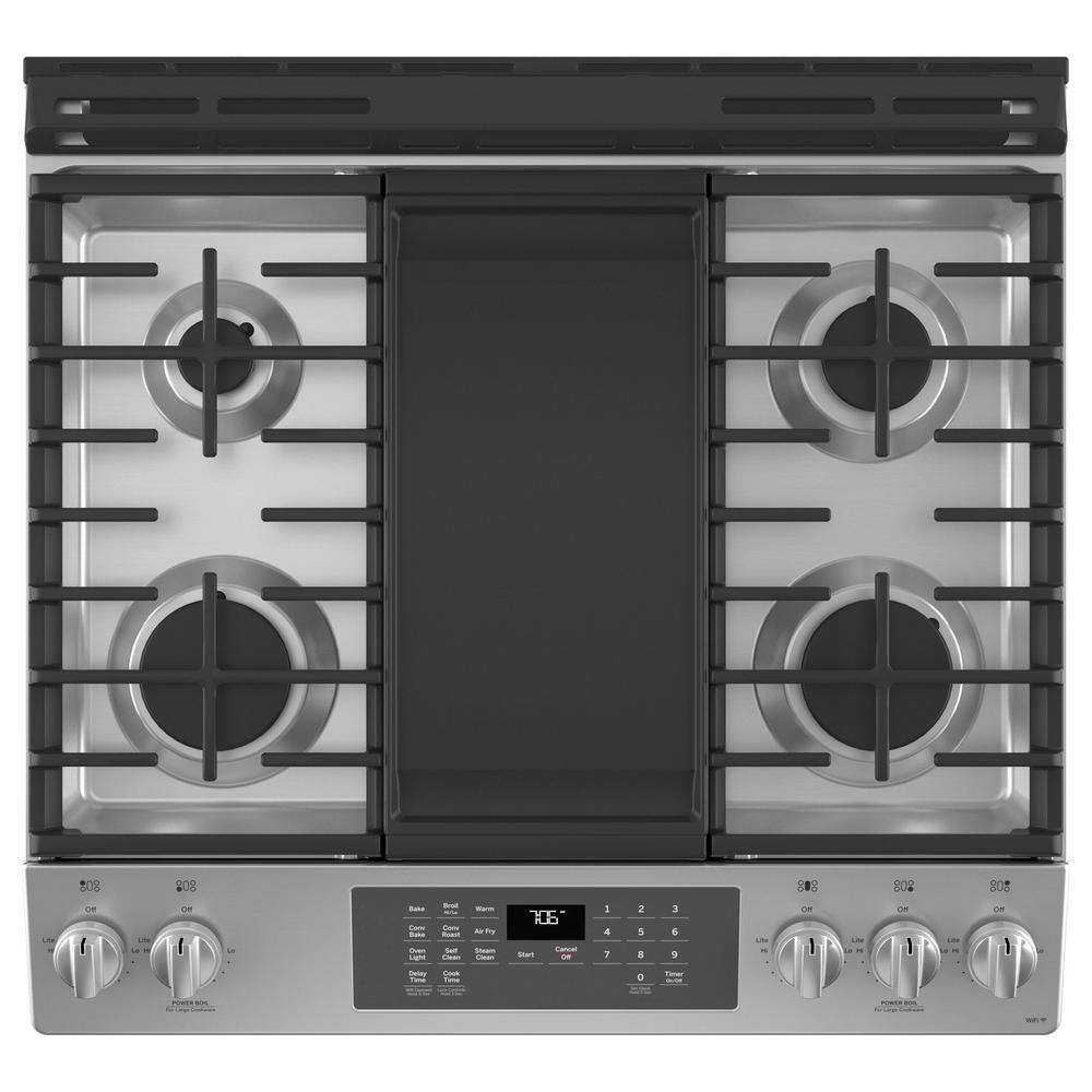 GE 30 in. 5.6 cu. ft. Slide-In Gas Range with Self-Cleaning Convection Oven and Air Fry in Stainless Steel JGS760SPSS