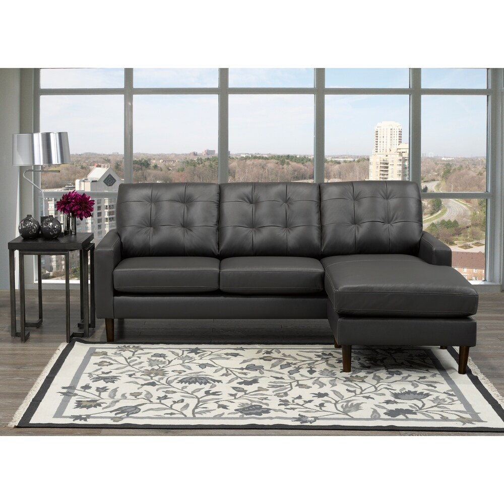 Chet Mid Century Modern Dark Grey Top Grain Leather Tufted Sectional Sofa