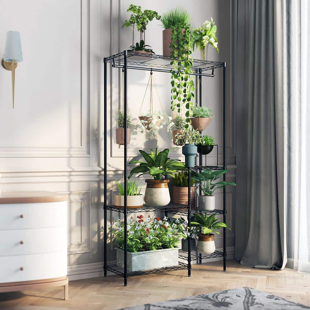 6-Tiers 16 Pots Metal Storage Rack Planter with Hanger Rod for Living Room Balcony and Garden Black B09MCVM9MV