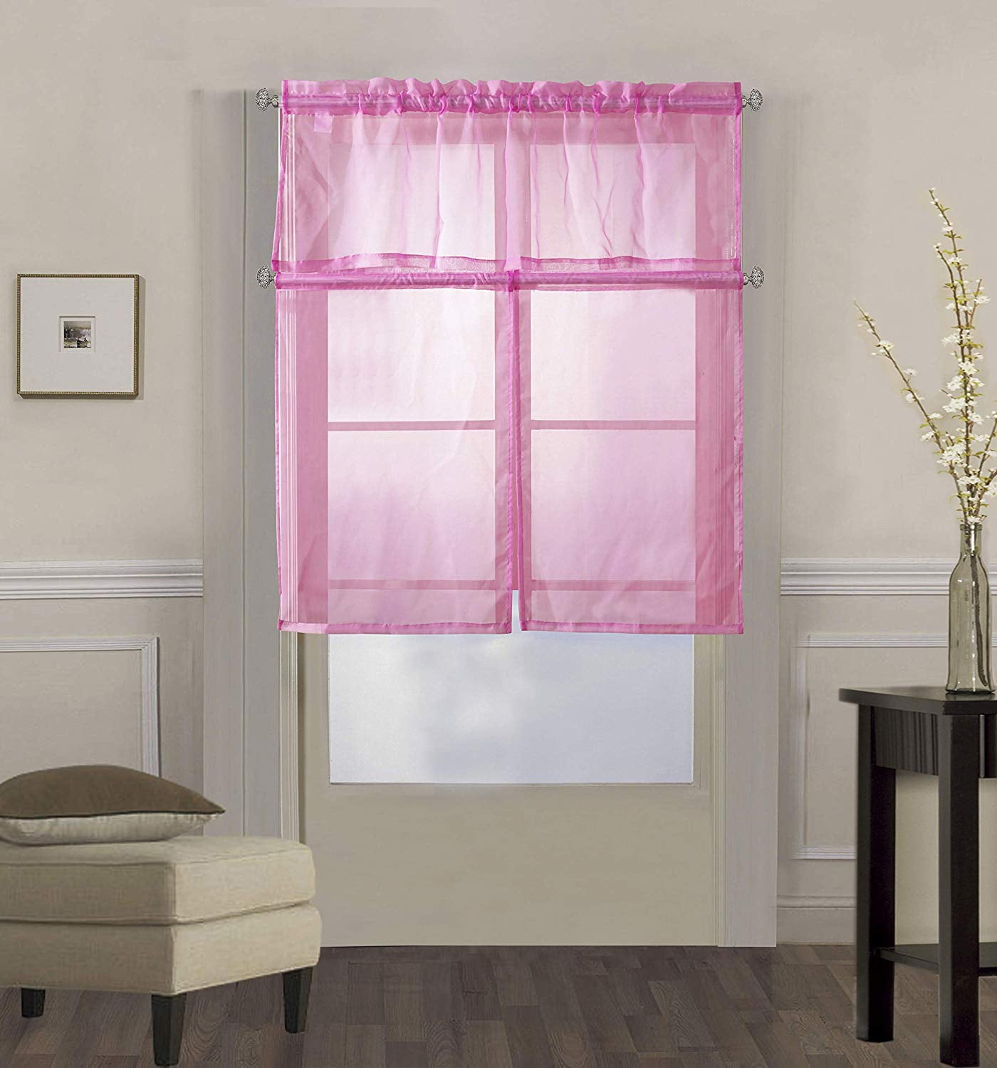 Decotex 3 Piece Solid Sheer Voile Kitchen Window Curtain Tier & Valance Set (36 Tiers with 18 Straight Valance, Light Pink)