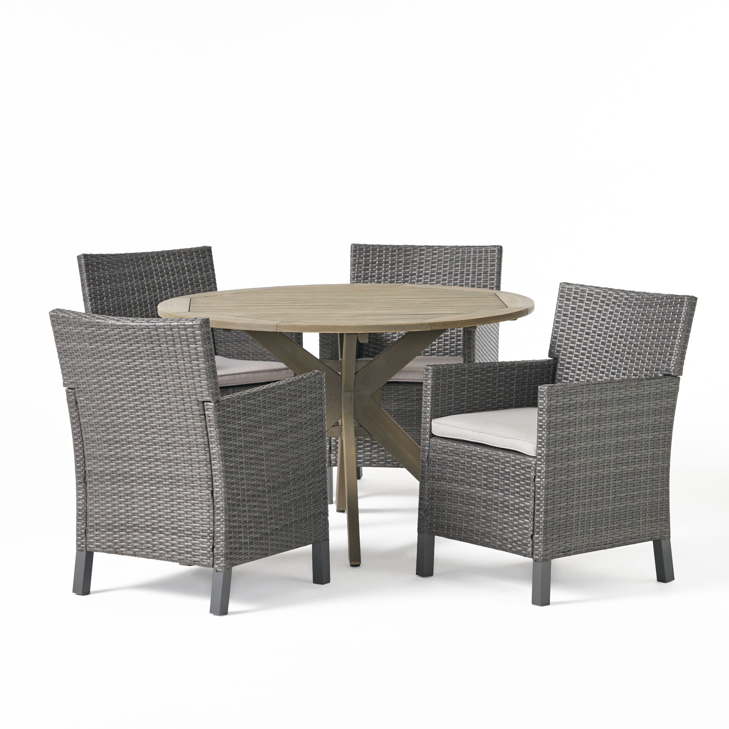 Kirby Outdoor 5 Piece Wood and Wicker Dining Set, Gray and Gray