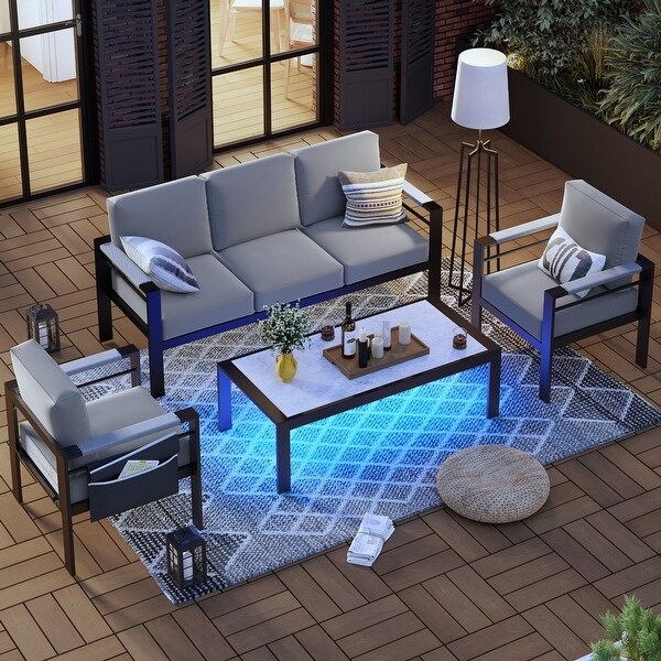 Aluminum Outdoor Coffee Table with LED Light and Marble Pattern Aluminum Table Top 48' L X 23.6'' W