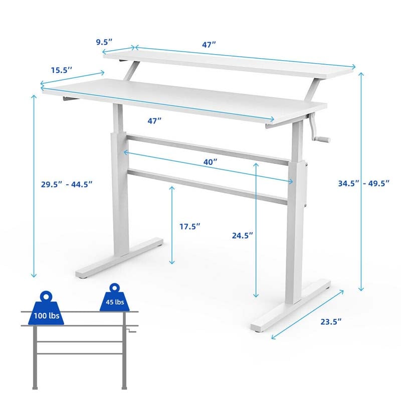 2-Tier Standing Desk, Height Adjustable Sit Stand Up Desk, Computer Desk Workstation with Monitor Stand & Foldable Crank Handle