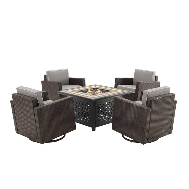 Palm Harbor 5pc Outdoor Wicker Conversation Set With Fire Table Gray Crosley