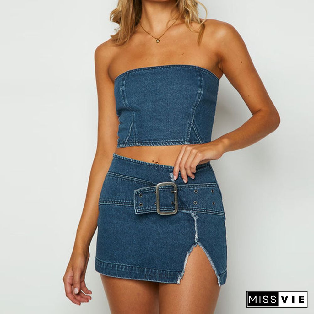 Strapless Crop Top Mini Skirt Denim Two Piece Set