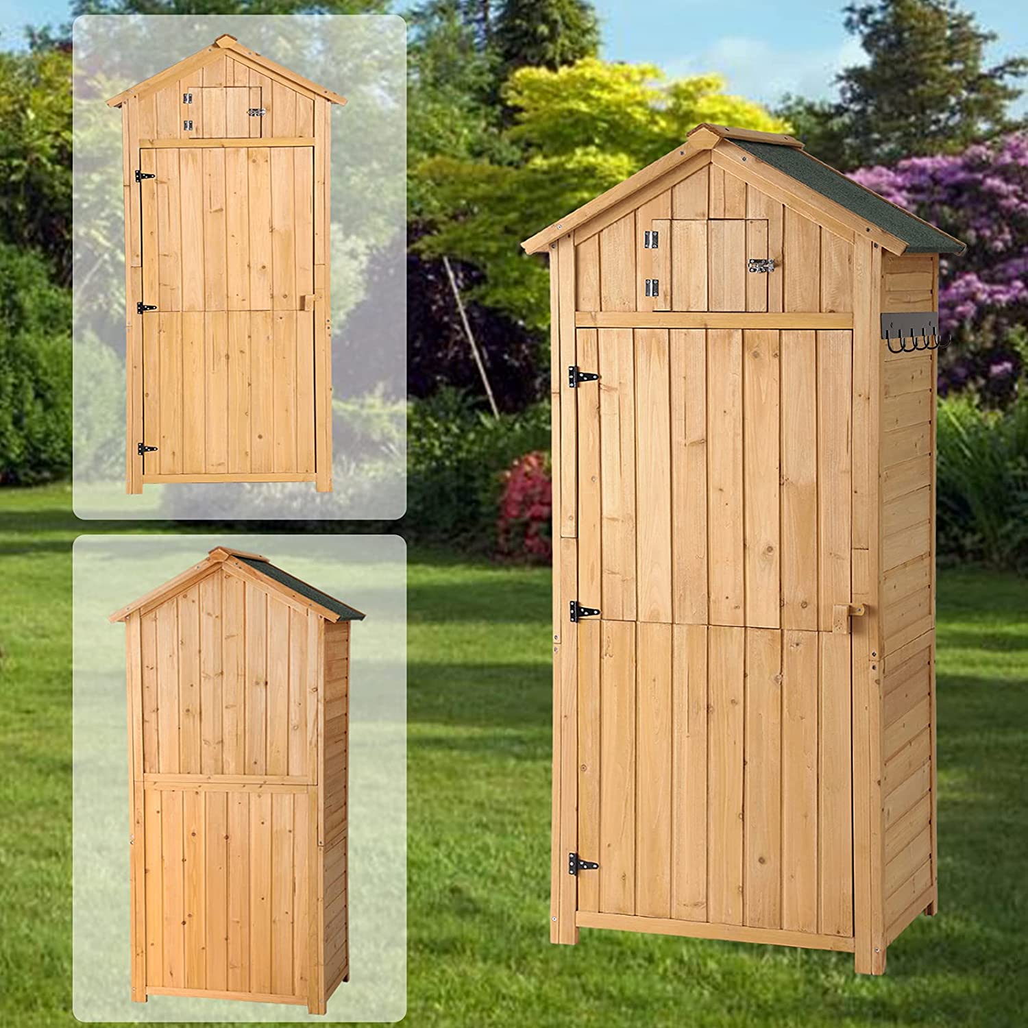 LVUYOYO Garden Storage Shed - Outdoor Wooden Tool Storage Cabinet - Arrow Tool Shed Organizer Fir Wood Lockers for Home, Lawn, Yard