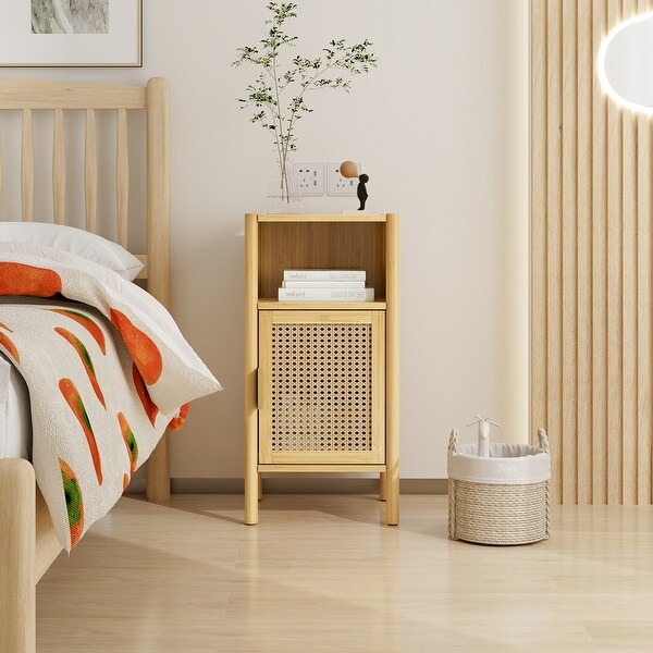 Bamboo and Rattan 1 door cabinet， Bedside Table Accent End Table Side Table for Bedroom， Living Room