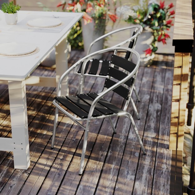 Flash Furniture Lila Aluminum Commercial Indoor outdoor Restaurant Stack Chair With Triple Slat Faux Teak Back