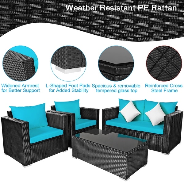 Gymax 4PCS Rattan Patio Conversation Set Outdoor Furniture Set w/