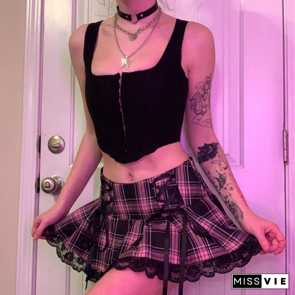 Summer New 3 Colors High Waist Skirts For Women Fashion Sexy Plaid Lace Skirts Women Pleated Skirts Jupe Femme Black Streetwear Mini Skirt