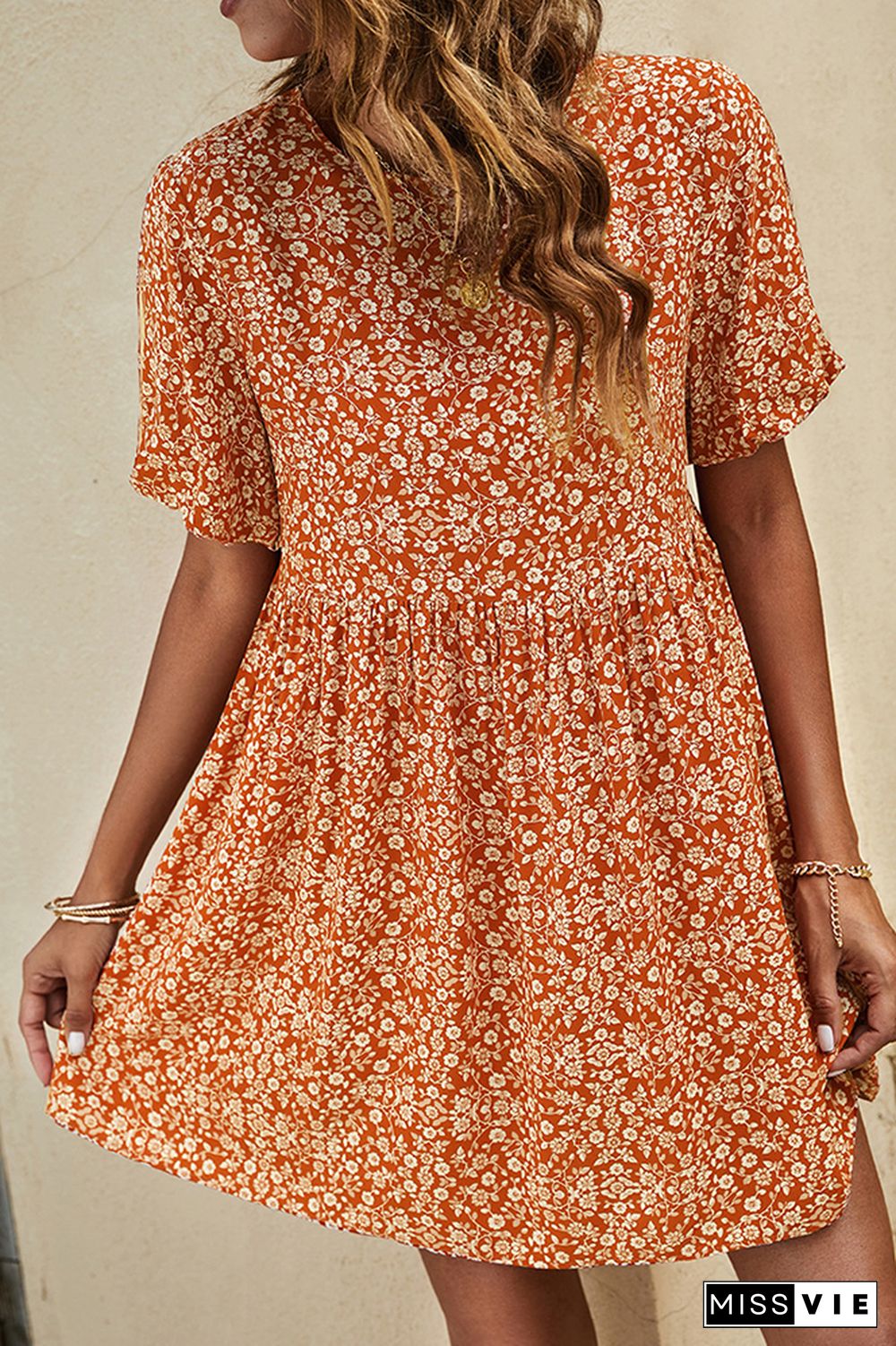 Flower Printing Short Sleeve Mini Dress