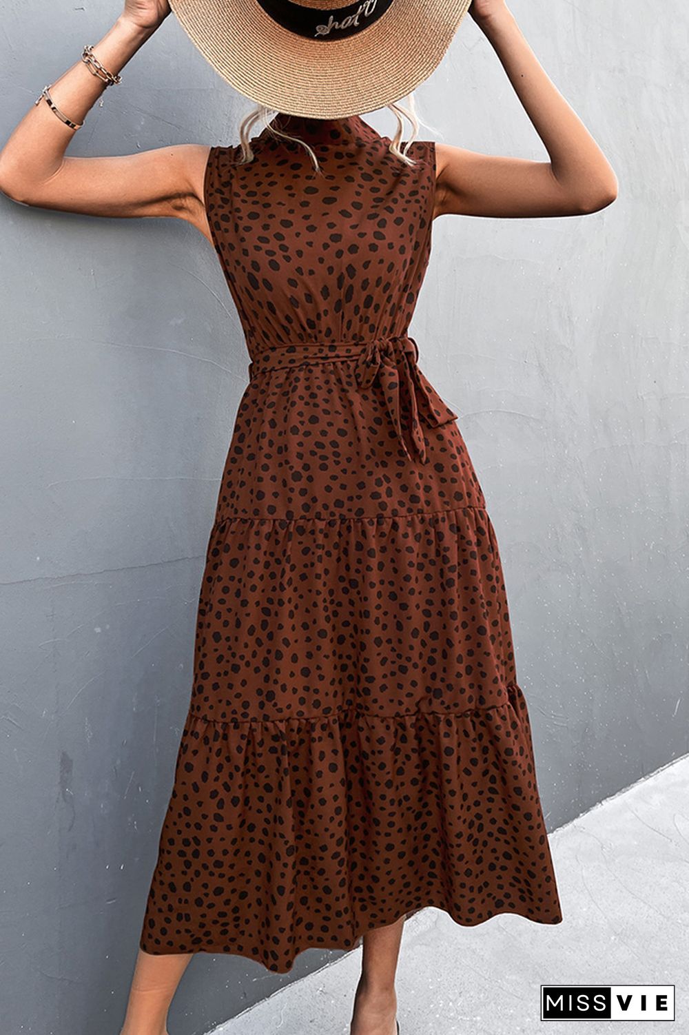 Sleeveless Leopard Printed Long Dress With Belt Wholesale