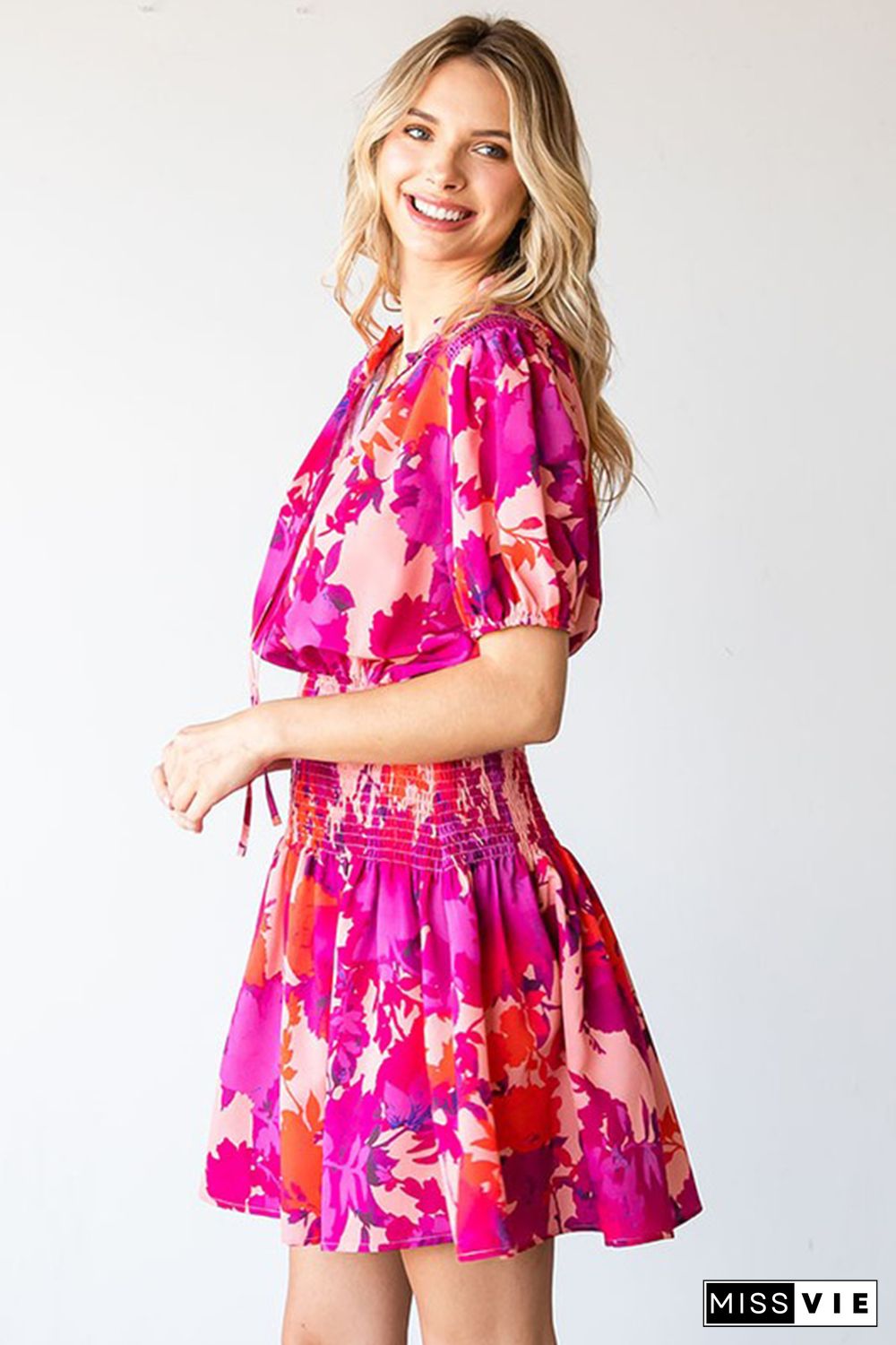 Rose Floral Smocked Waist Bubble Sleeve Flare Dress