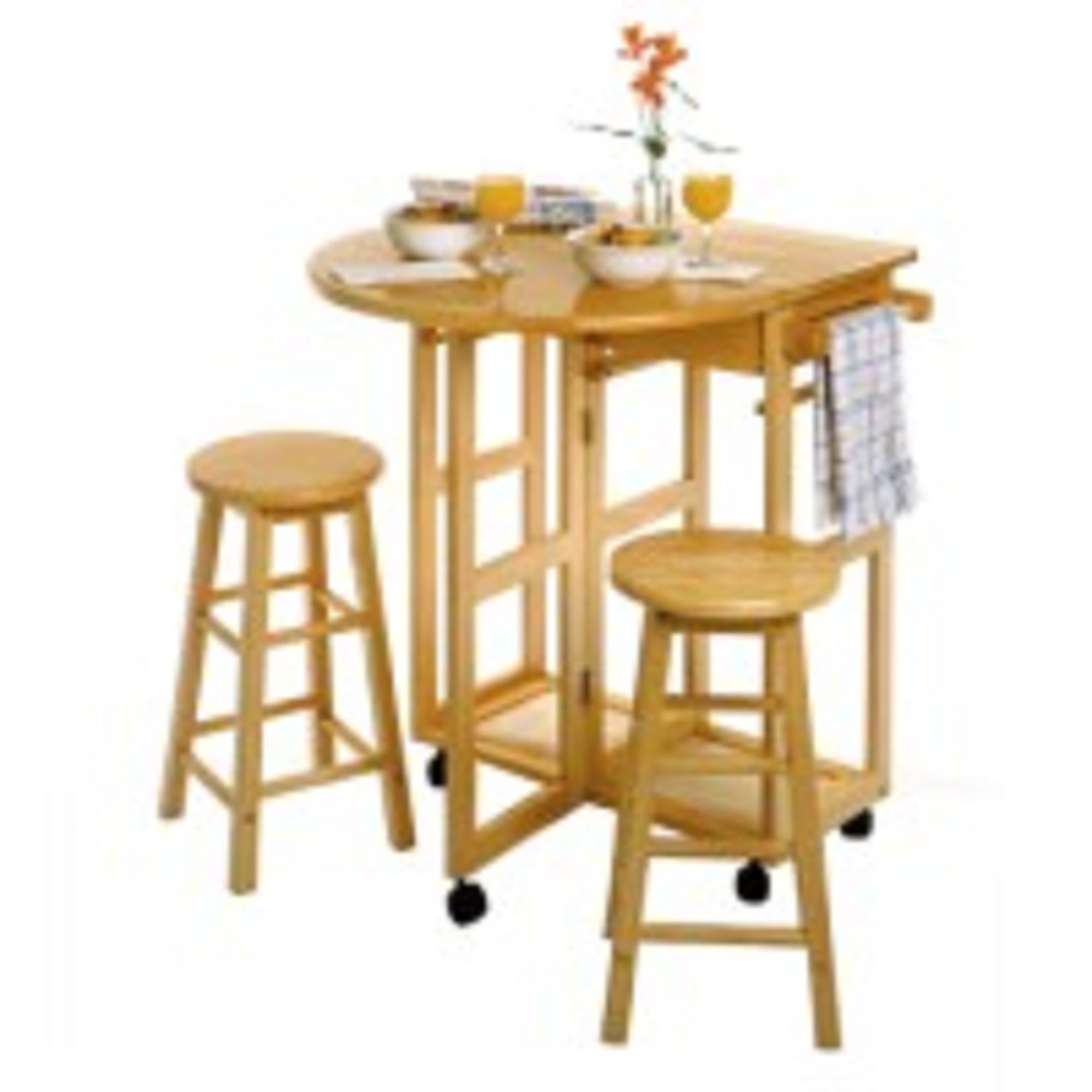 3 Beige Space Saver Drop Leaf Table with Two Round Stools 32.75