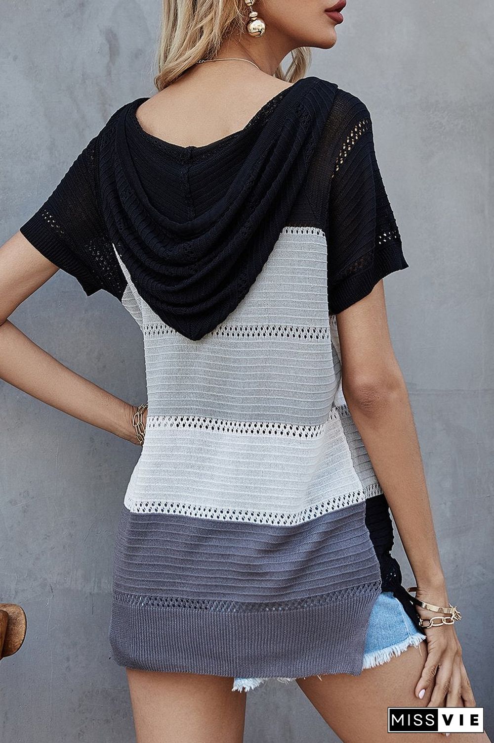 Colorblock Knitted Short Sleeve Hooded T-Shirt