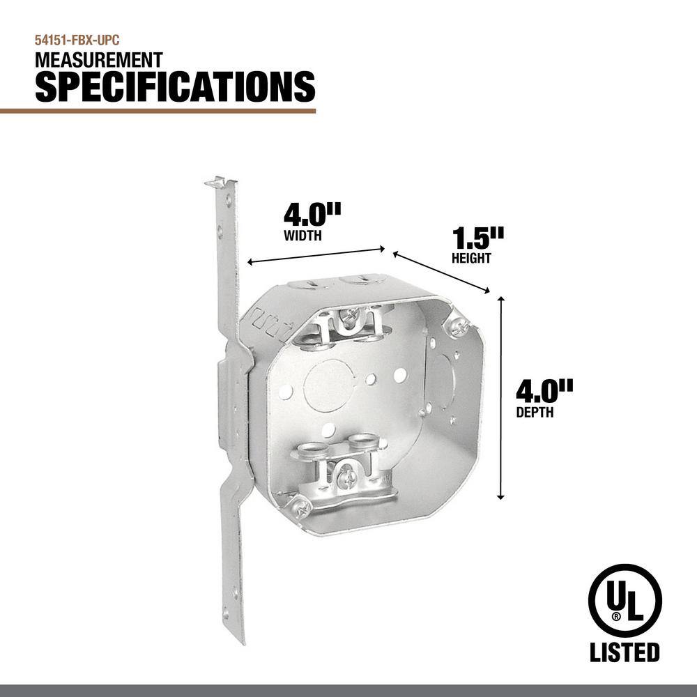 Southwire 4 in. W x 1-12 in. D Steel Metallic Octagon Box with Three 12 in. KO's and MCBX Clamps and F Bracket (1-Pack) 54151-FBX-UPC