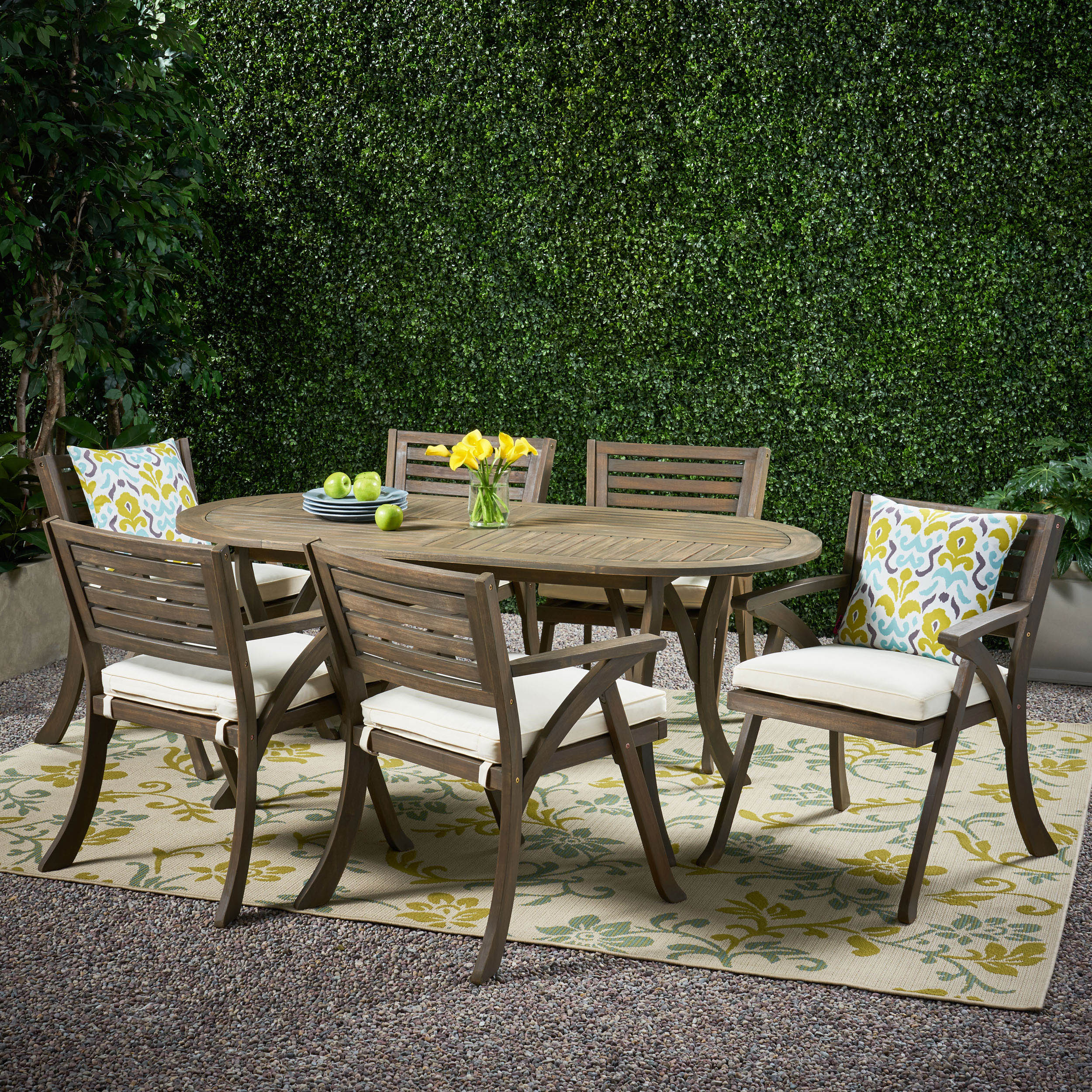 Hestia Outdoor 6 Seater Acacia Wood Oval Dining Set with Cushions