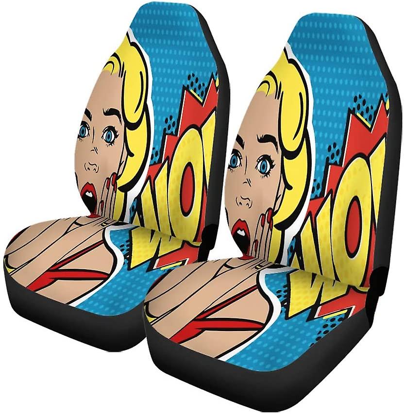 Set Of 2 Car Seat Covers Pop Surprised Blond Woman Face Open Mouth Comic Speech Universal Auto Front Seats Protector Fits