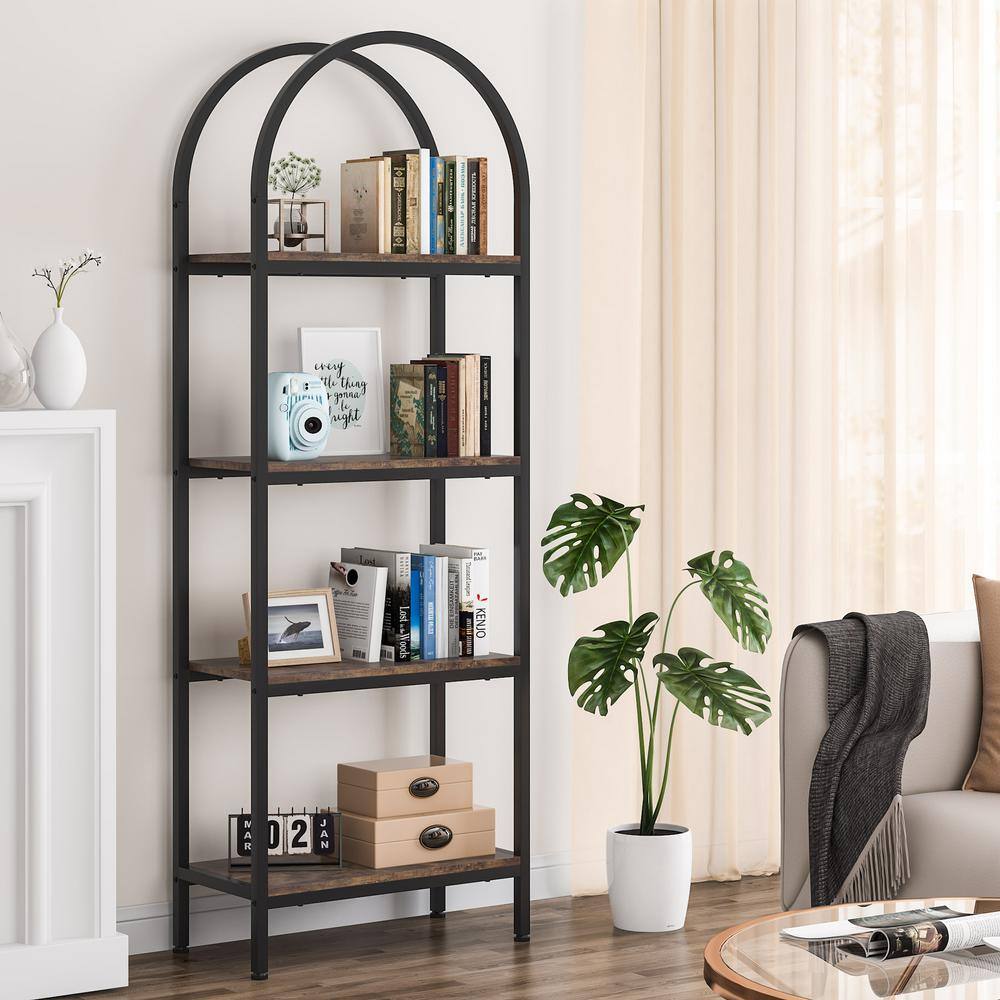 TRIBESIGNS WAY TO ORIGIN Jannelly 23.62 in. Brown Wood and Black Metal 4tier Radial Corner Shelves Bookcase Storage Rack Plant Stand HD-J0031-WZZ