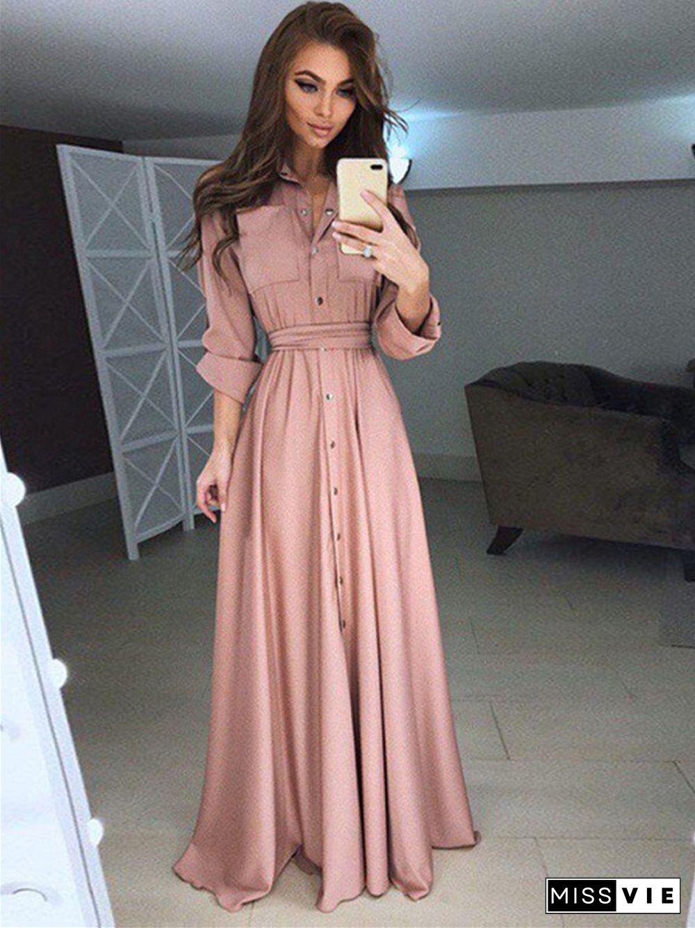 Long Sleeve Button Lace Solid Color Dress