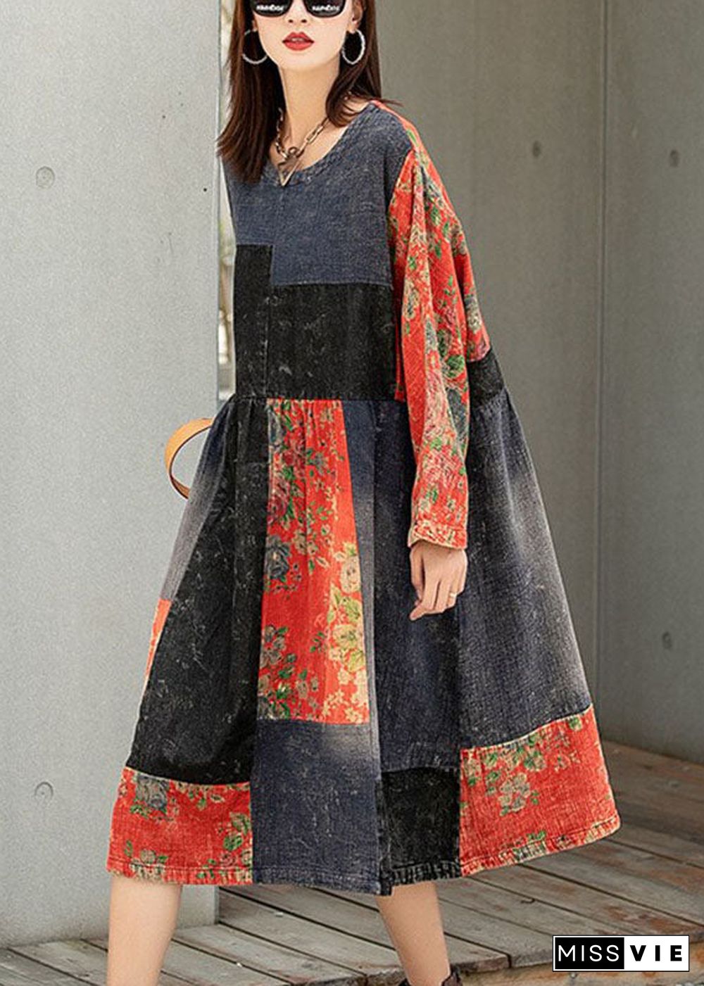 Classy Colorblock Print Patchwork Pockets Fall Maxi Dresses Half Sleeve