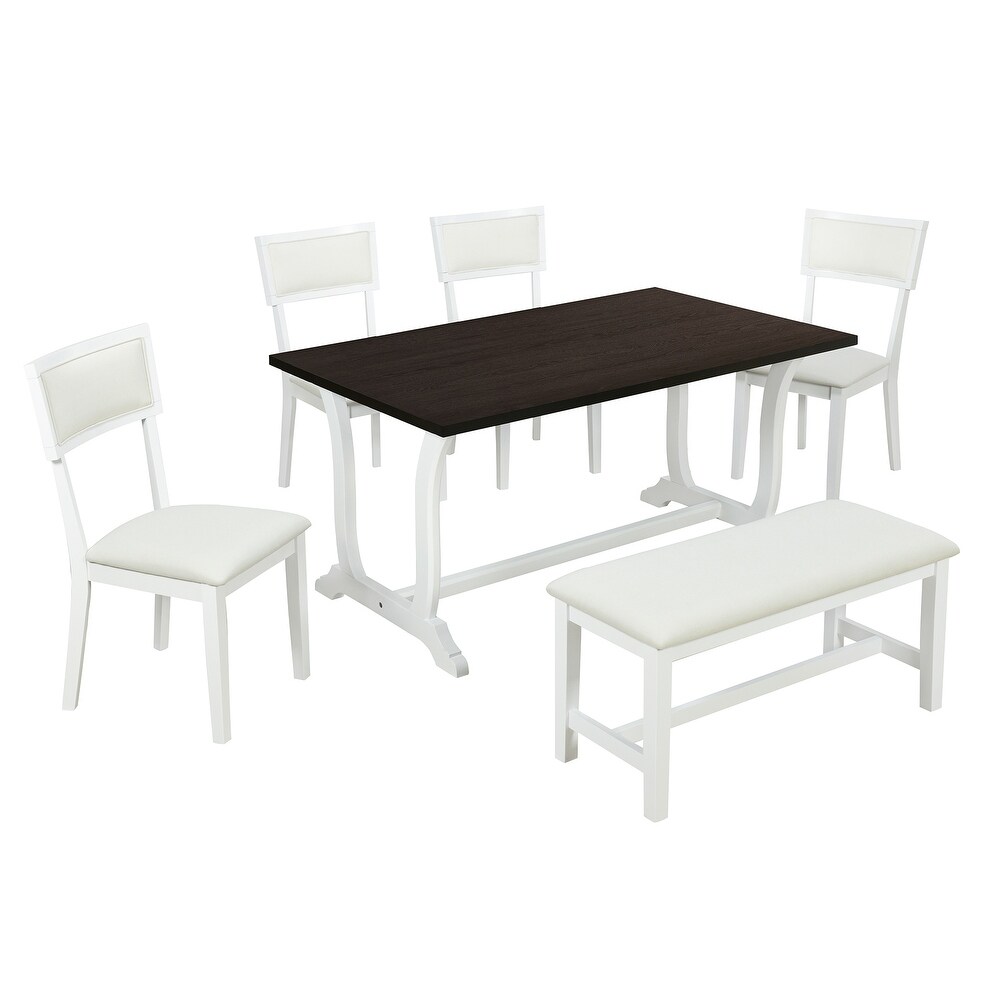 6 Piece Solid Wood Trestle Dining Table Set with 59inch Rectangular Table and 4 Linen Padded Backs Dining Chairs   Bench