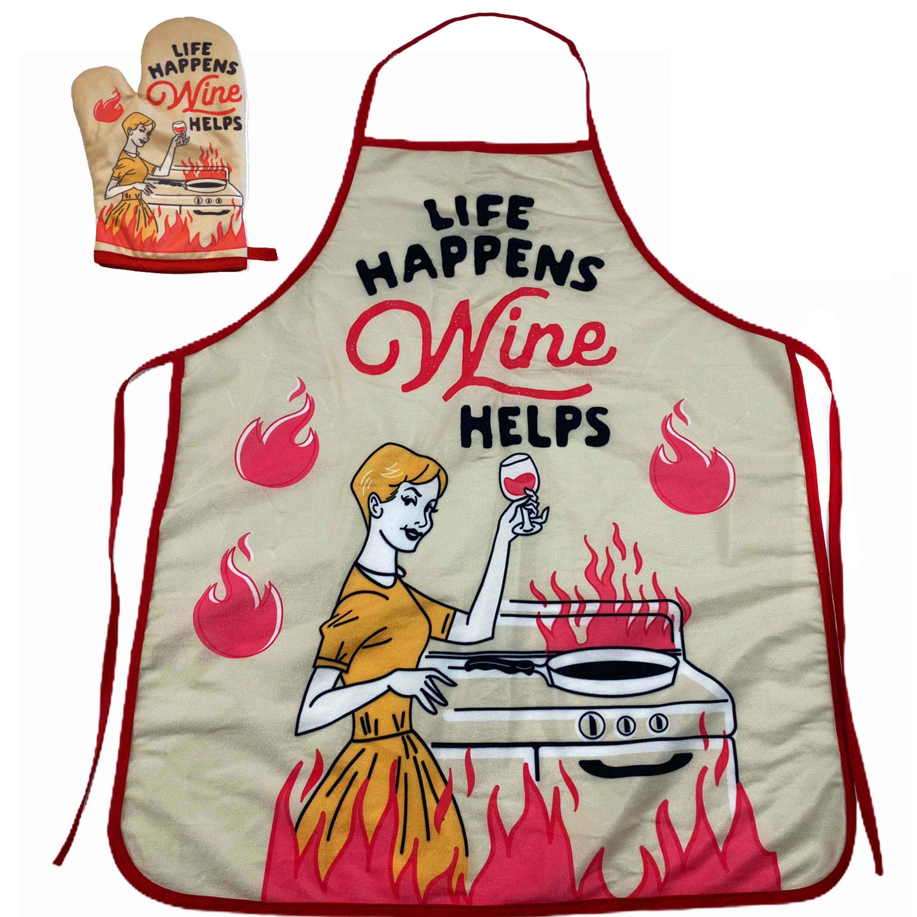 Life Happens Wine Helps Funny Cooking Drinking Wine Lover Kitchen Accessories (Oven Mitt + Apron)